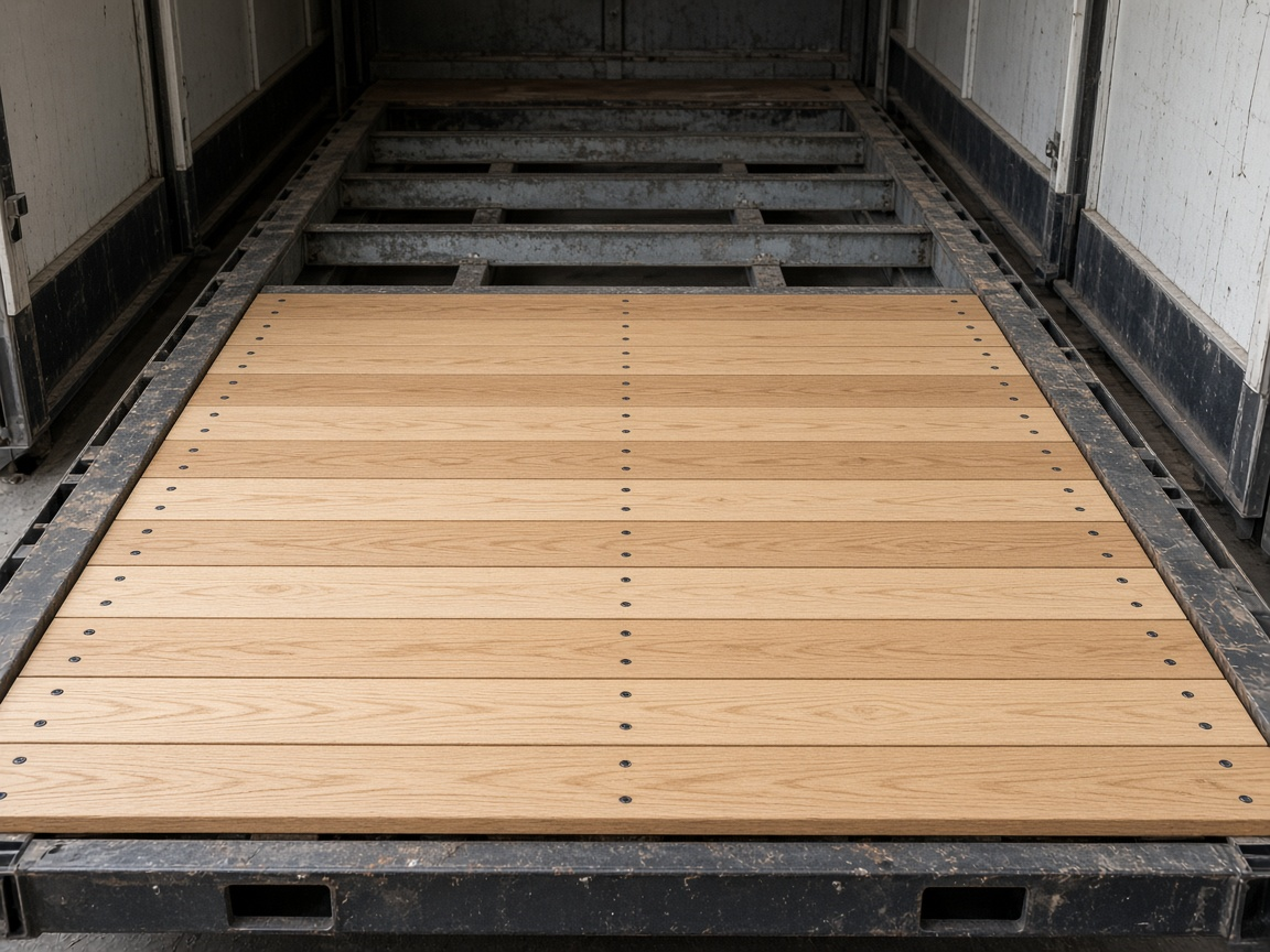 New trailer floor deck boards set on the steel frame