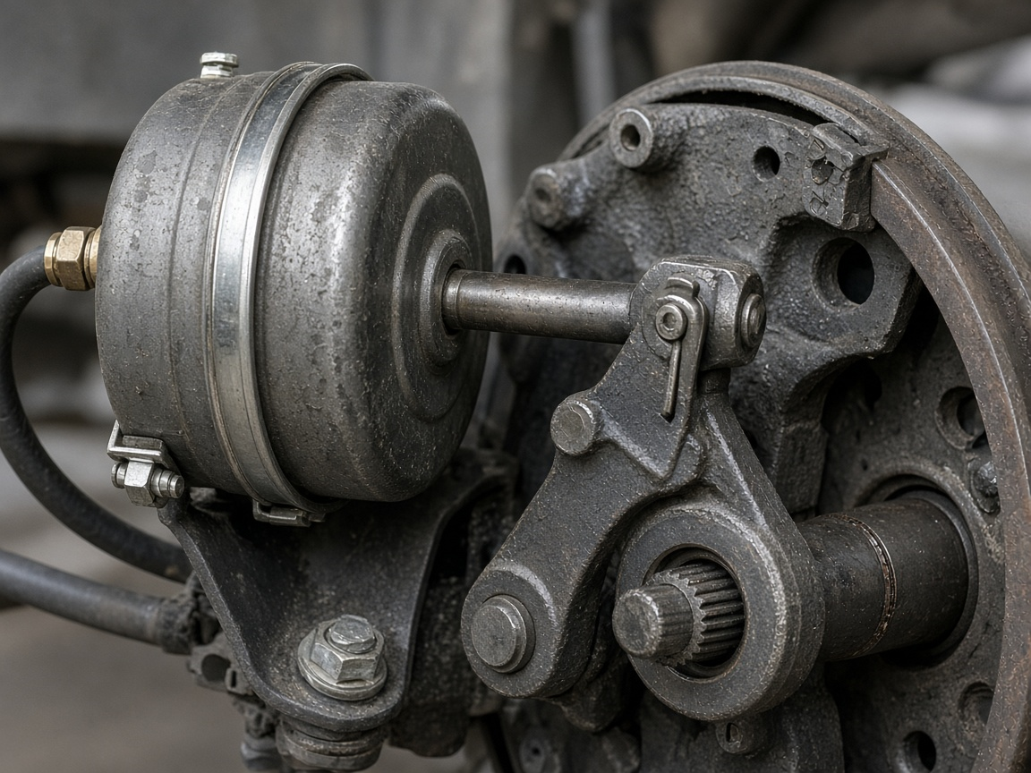 Air-brake chamber and slack adjuster on a heavy-truck axle